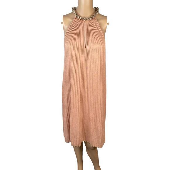 Nenette Milano $295 Pink Pleated High Neck Chain Choker Shift Dress SZ S - Picture 1 of 12